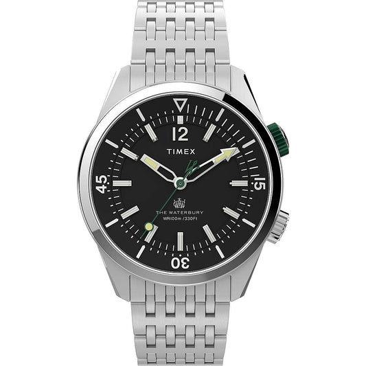 TIMEX Mod. WATERBURY DIVER wristwatch with stainless steel bracelet, 41 mm case, and chronograph quartz movement for gents.