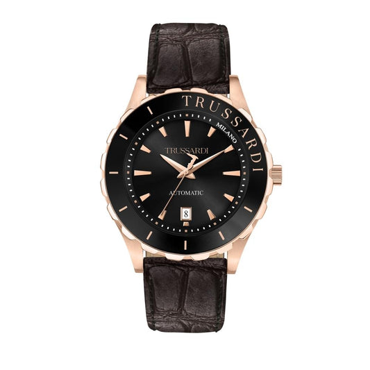 TRUSSARDI MOD. T-LOGO gent wristwatch with rose gold 43mm case, quartz movement, leather strap, mineral dial, and 5 ATM water resistance.