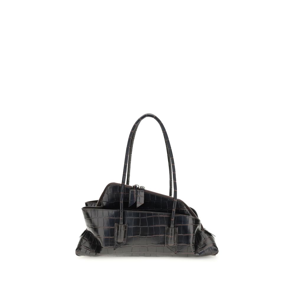 The Attico Black Calf Leather Bos Taurus Shoulder Bag with croc-print design, tubular handles, and zippered pocket, elegant and iconic.