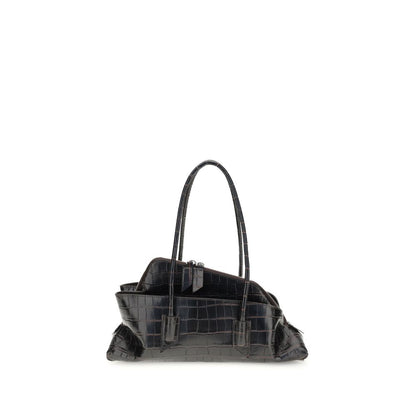 The Attico Black Calf Leather Bos Taurus Shoulder Bag with croc-print design, tubular handles, and zippered pocket, elegant and iconic.