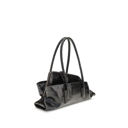 The Attico Black Calf Leather Bos Taurus Shoulder Bag with croc-print and tubular handles, SS26 collection, 37x37x11 dimensions.