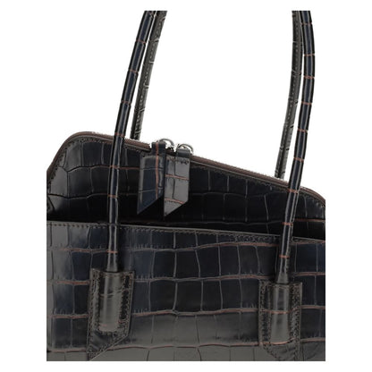 Close-up of The Attico Black Calf Leather Bos Taurus Shoulder Bag with croc-print and tubular handles.