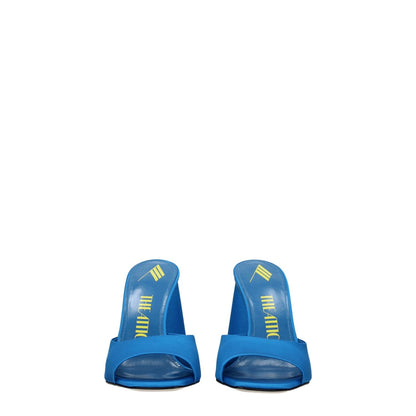 Front view of The Attico Light Blue Satin Platform Sandals with open toe and high heel, made from satin and leather sole.