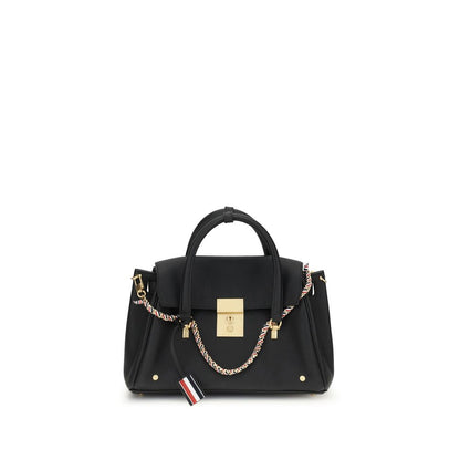 Thom Browne Black Calf Leather Bos Taurus Handbag with brass padlock and grosgrain striped loop.