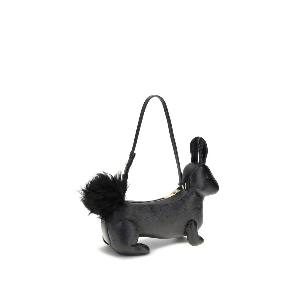 Thom Browne Black Calf Leather Bos Taurus Shoulder Bag, rabbit-shaped with fur tail, brass zipper, and striped lining.