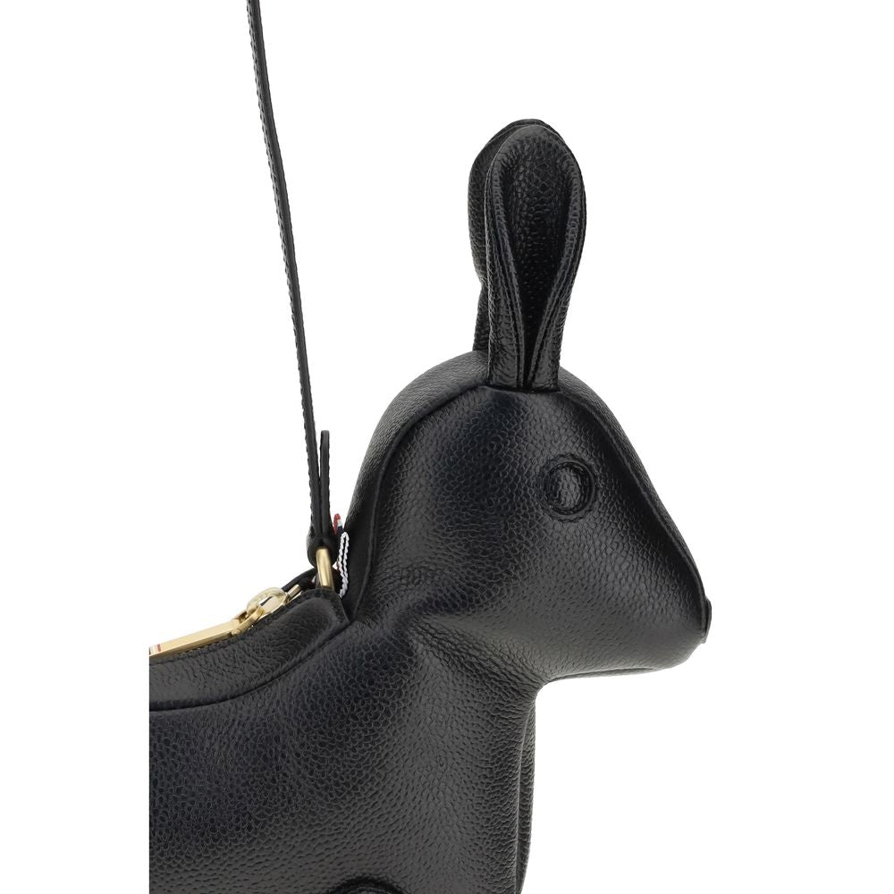 Thom Browne Black Calf Leather Bos Taurus Shoulder Bag with rabbit shape and fur tail detail.