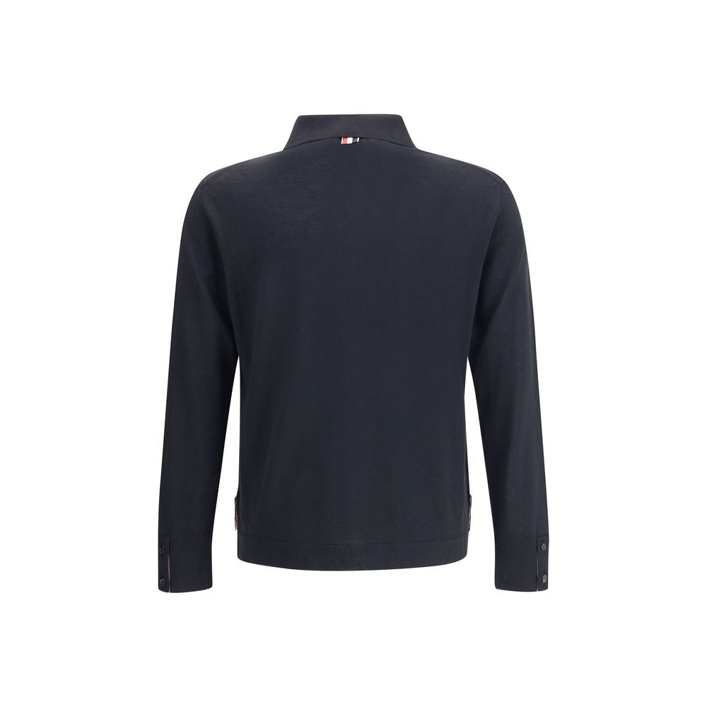 Back view of Thom Browne Black Fleece Wool Sweatshirt with ribbed collar and iconic tricolor detail.