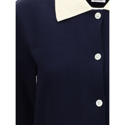 Thom Browne Blue Cotton Casual Dress detail showing ribbed knit and front button closure with polo collar.