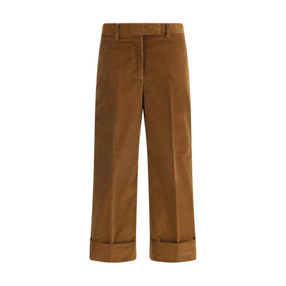 Thom Browne Brown Cotton Casual Pants with corduroy texture, tricolor applique, and turned-up hems.