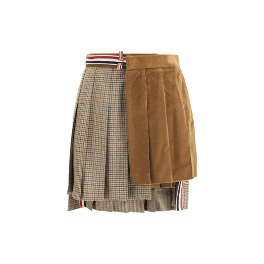 Thom Browne Brown Wool Mini Skirt with pleats, velvet layers, and striped side band, featuring an elegant and structured style.