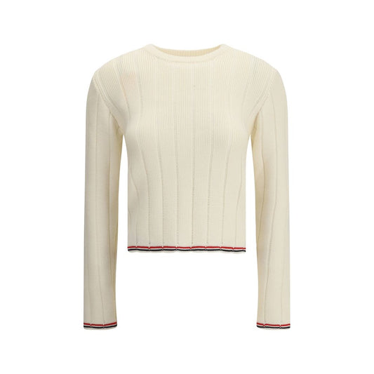 Thom Browne Cream Fleece Wool Sweatshirt with ribbed crew neck and tricolor accents for contemporary style.
