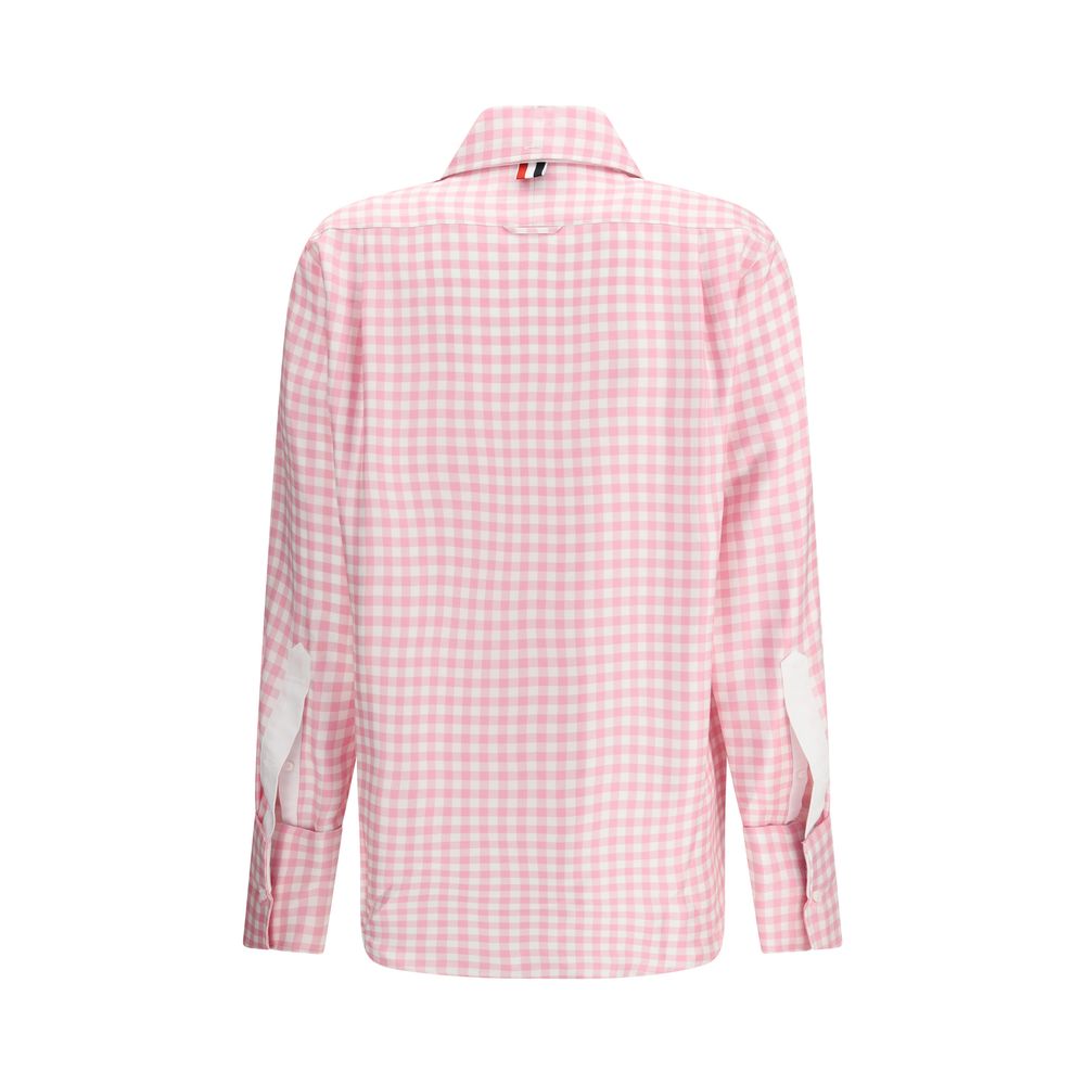 Back view of Thom Browne Multicolor Silk Pattern Shirt with pink gingham, long sleeves, and point collar.
