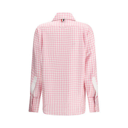 Back view of Thom Browne Multicolor Silk Pattern Shirt with pink gingham, long sleeves, and point collar.
