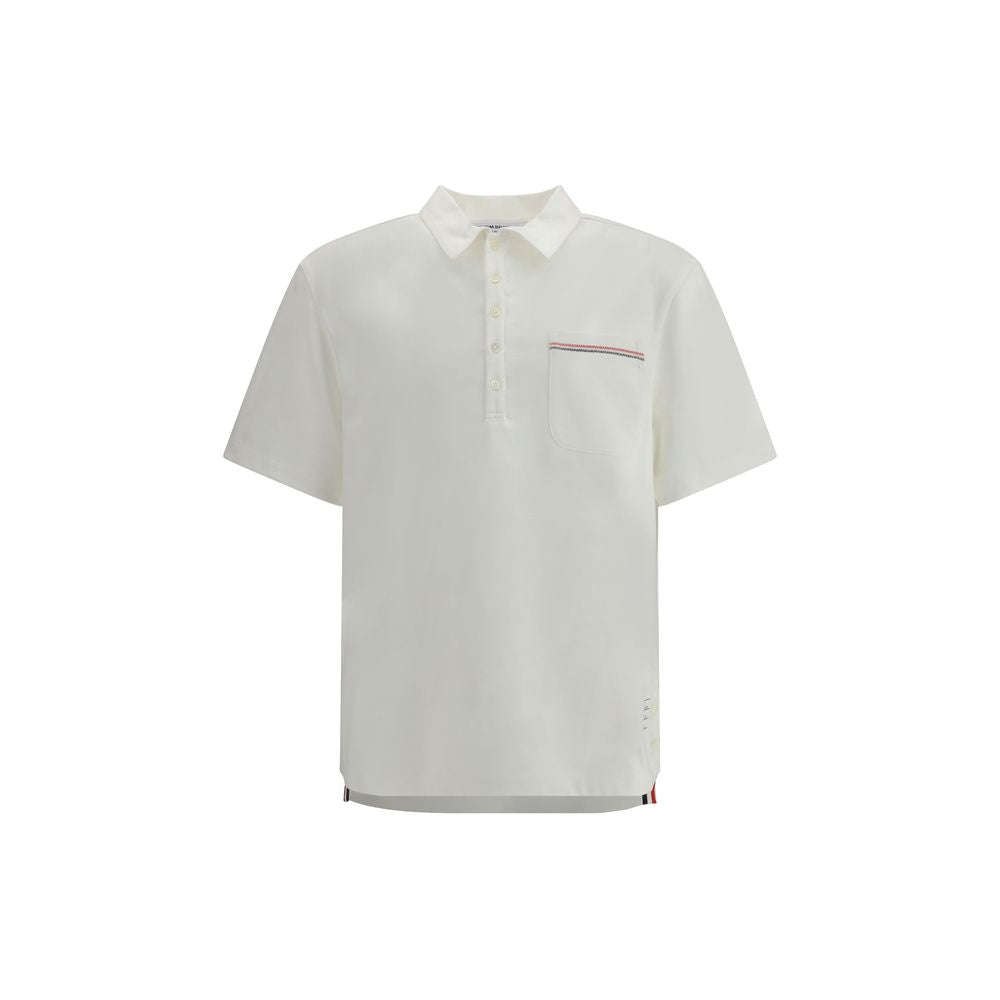 Thom Browne White Cotton Polo Shirt with patch pocket and embroidery, classic collar, and mid-bust button closure.