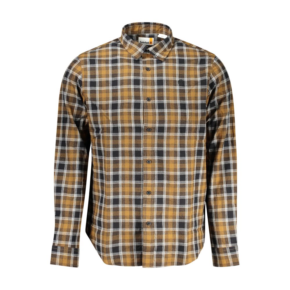 Timberland Brown Cotton Shirt with tartan pattern, long sleeves, regular fit, Italian collar, 1 button cuffs, and logo embroidery.
