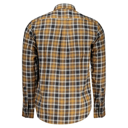 Timberland Brown Cotton Shirt featuring tartan pattern, long sleeves, Italian collar, and button cuffs, back view.