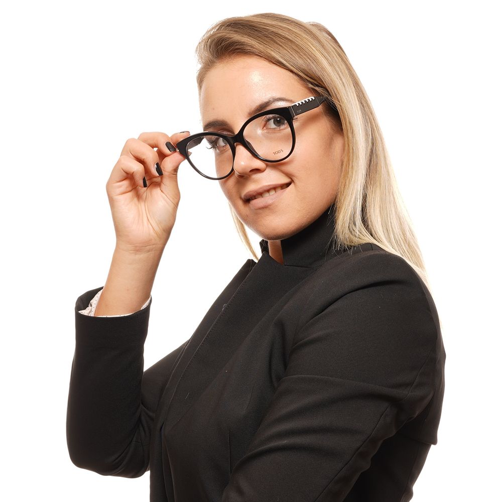 Woman wearing Tod's Black Women Glasses Frame, round full-rim style with black plastic frame and demo lenses.