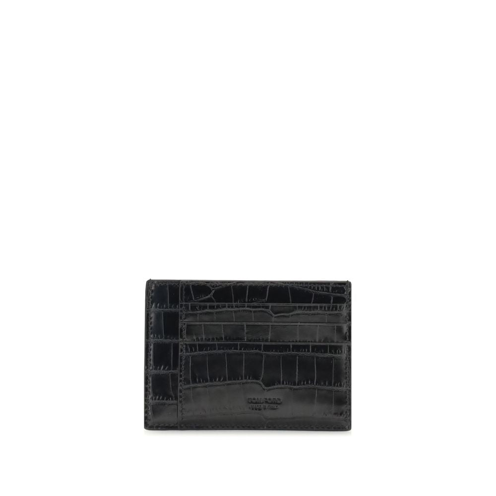 Tom Ford Black Calf Leather Bos Taurus Wallet with crocodile-print texture, six card slots, and embossed logo.