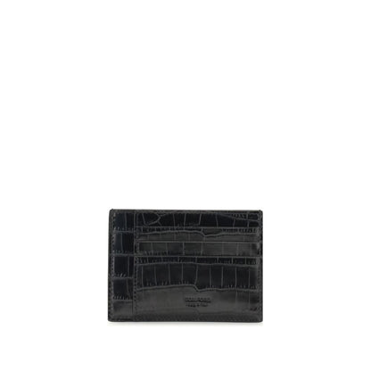 Tom Ford Black Calf Leather Bos Taurus Wallet with crocodile-print texture, six card slots, and embossed logo.
