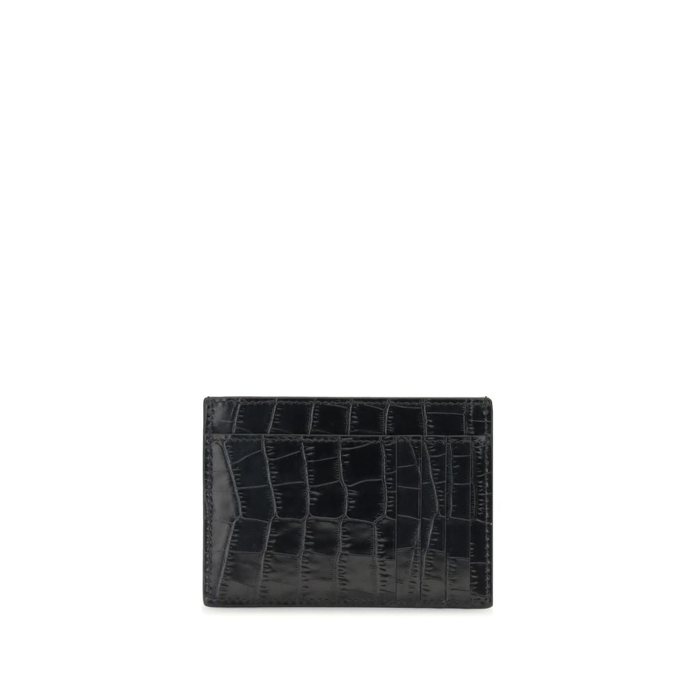 Tom Ford Black Calf Leather Bos Taurus Wallet with crocodile-print design, six card slots, and embossed logo.