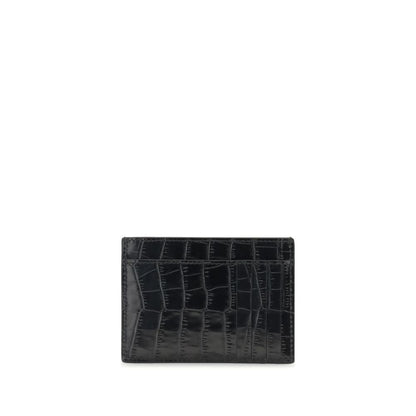 Tom Ford Black Calf Leather Bos Taurus Wallet with crocodile-print design, six card slots, and embossed logo.