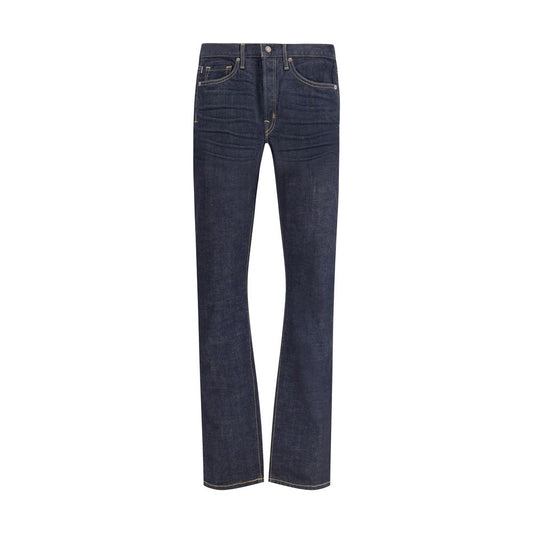 Tom Ford Blue Cotton Straight-Leg Jeans featuring 100% cotton, button closure, 5-pocket design, ideal for casual elegance, AW25 season.