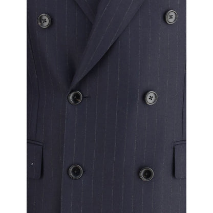 Close-up of Tom Ford Blue Wool Blazer with pinstripe design and double-breasted buttons.