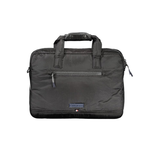 Tommy Hilfiger Black Nylon Accessory briefcase with handles, adjustable strap, laptop compartment, recycled material, and logo.