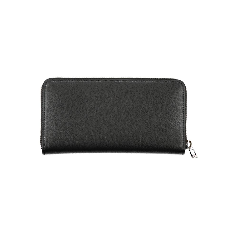 Tommy Hilfiger Black Polyester Wallet with zip closure and logo, features 5 compartments, coin purse, card spaces, recycled material.