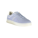 Tommy Hilfiger Blue Leather Women Sneaker with white accents, featuring durable polyester blend and removable footbed for style and comfort.