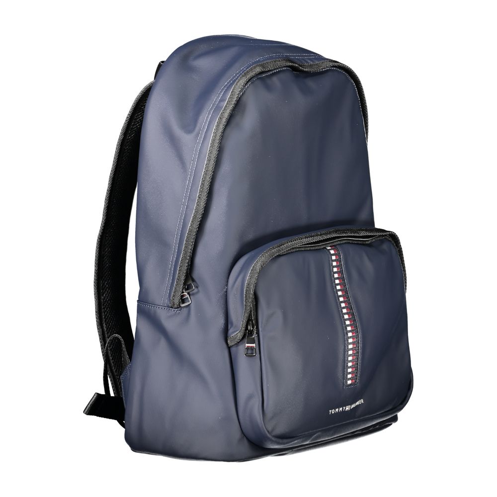 Tommy Hilfiger Blue Polyethylene Backpack with adjustable straps, external and internal pockets, laptop compartment, and logo design.