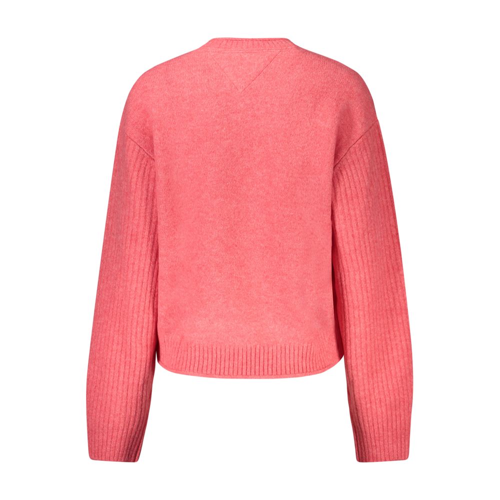 Tommy Hilfiger Pink Wool Women Sweater with long sleeves, crew neck, and luxurious fabric blend, back view.