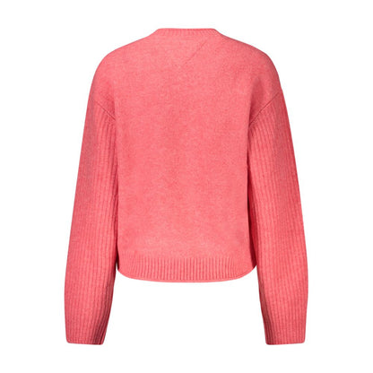 Tommy Hilfiger Pink Wool Women Sweater with long sleeves, crew neck, and luxurious fabric blend, back view.