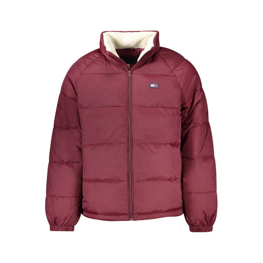 Tommy Hilfiger Red Recycled Polyester Men Jacket with zip closure and logo displayed on the front view.