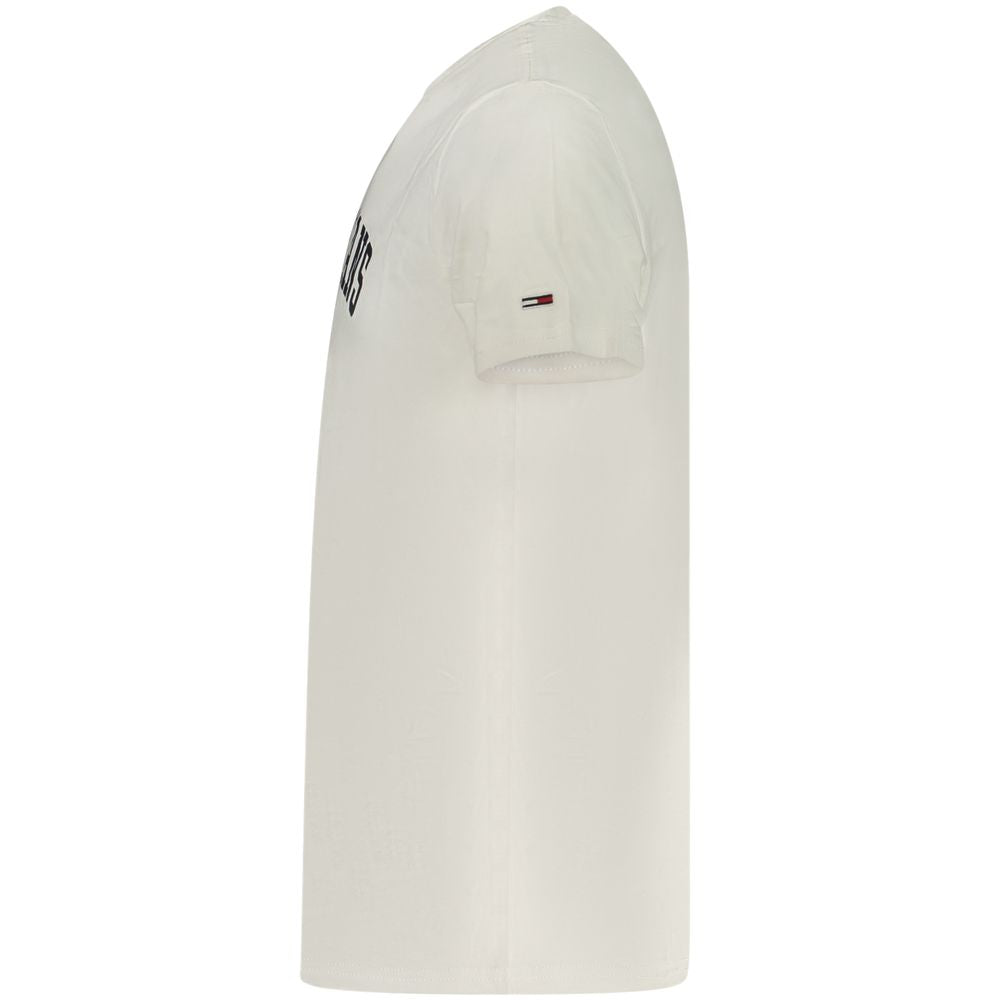 Side view of Tommy Hilfiger White Cotton Men T-Shirt with logo on sleeve, highlighting sustainable fashion in crisp white.