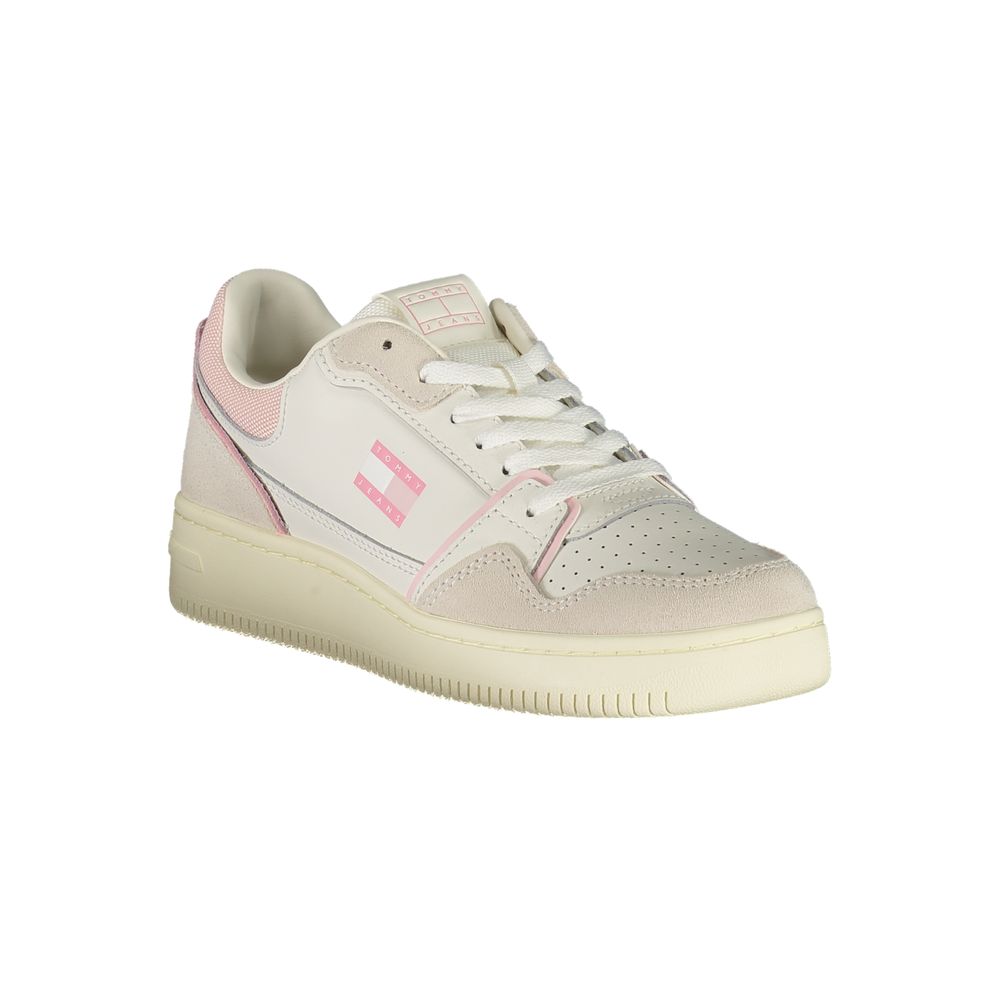 Tommy Hilfiger White Leather Women Sneaker with pink accents and removable footbed, showcasing trendy design and comfort.
