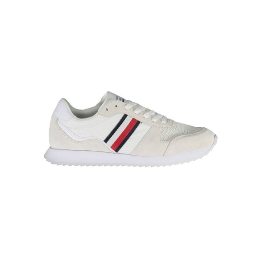 Tommy Hilfiger White Polyester Men Sneaker with leather accents and iconic logo, showcasing style and eco-friendliness.