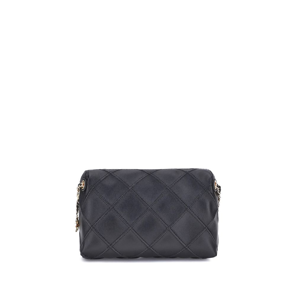 Tory Burch Black Calf Leather Bos Taurus Shoulder Bag with quilted design and woven chain strap, front view.