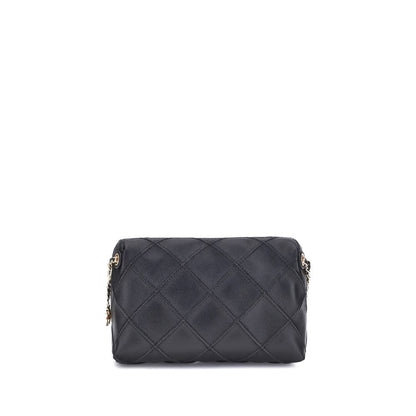 Tory Burch Black Calf Leather Bos Taurus Shoulder Bag with quilted design and woven chain strap, front view.