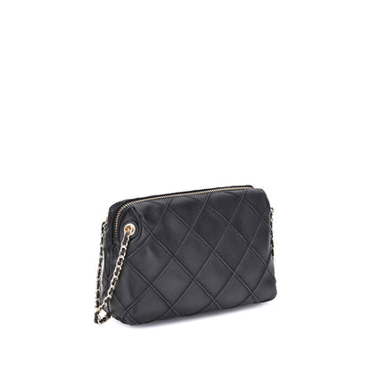 Tory Burch Black Calf Leather Bos Taurus Shoulder Bag with quilted design and chain strap.