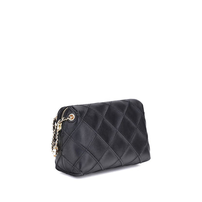 Tory Burch Black Calf Leather Bos Taurus Shoulder Bag with woven chain strap and raised stitching, side view.