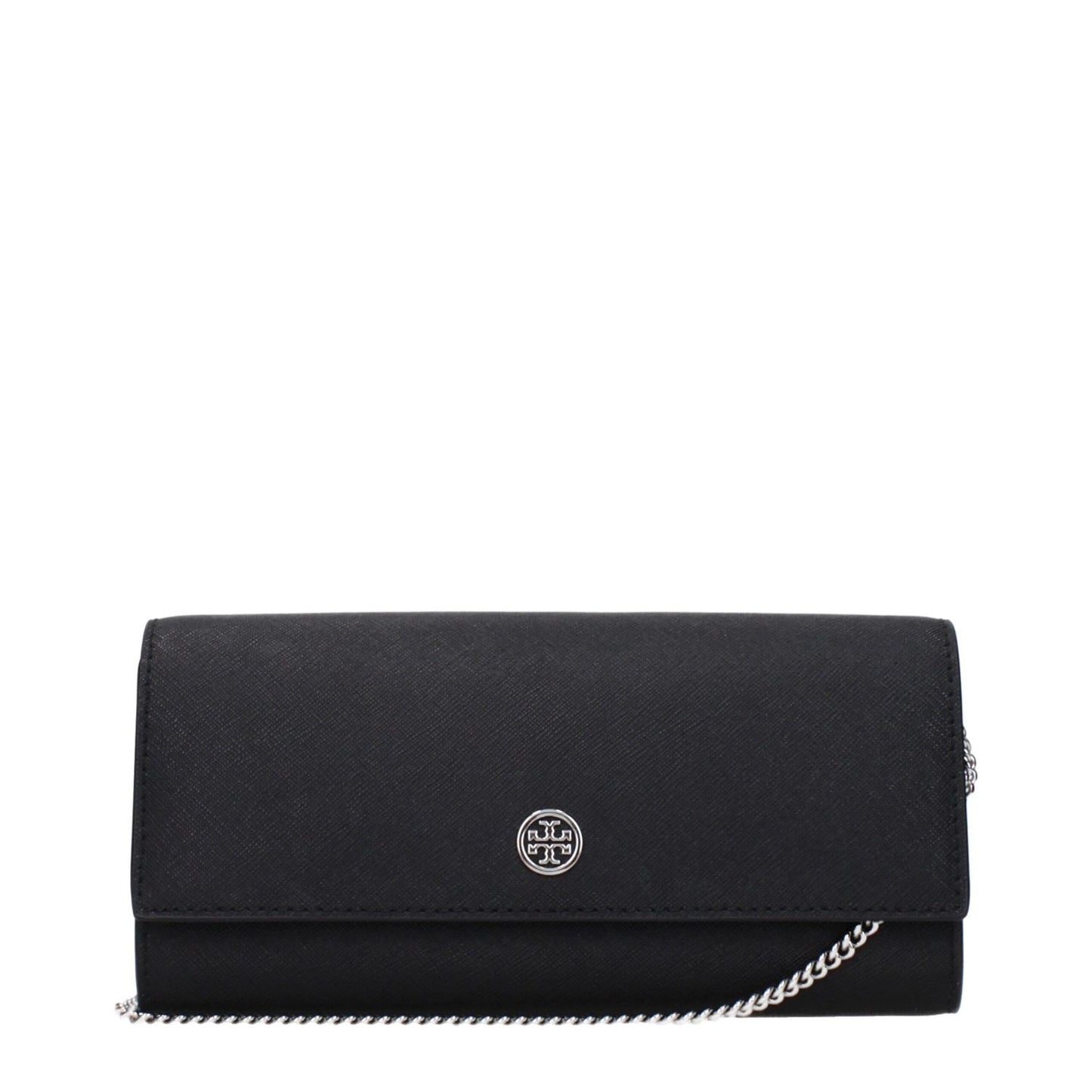 Tory Burch Black Leather Clutch Bag with logo and removable shoulder chain, MPN 157098001, code F83369.