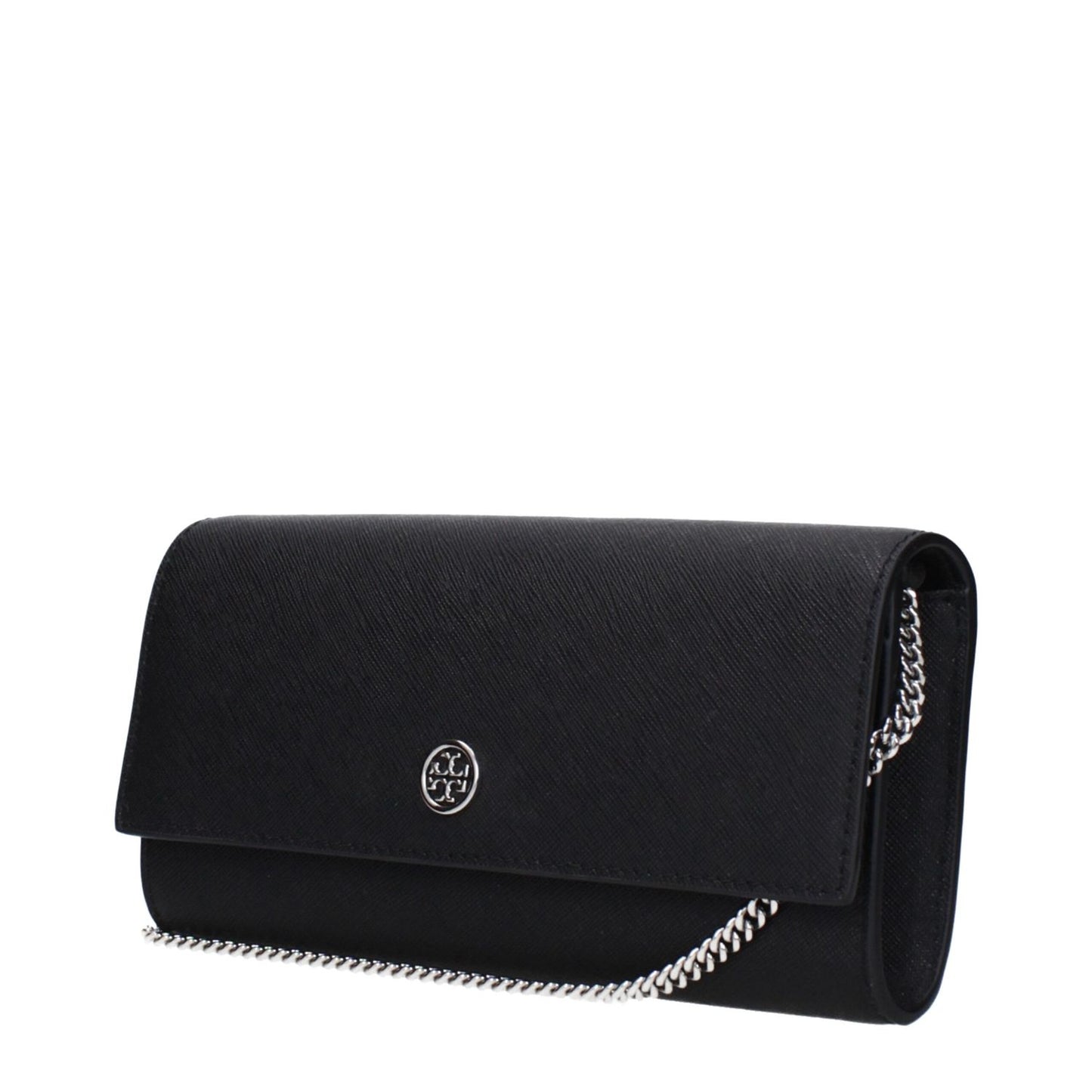 Tory Burch Black Leather Clutch Bag with logo and removable shoulder chain