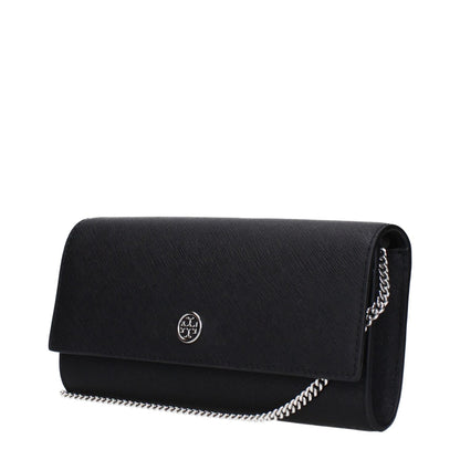 Tory Burch Black Leather Clutch Bag with logo and removable shoulder chain