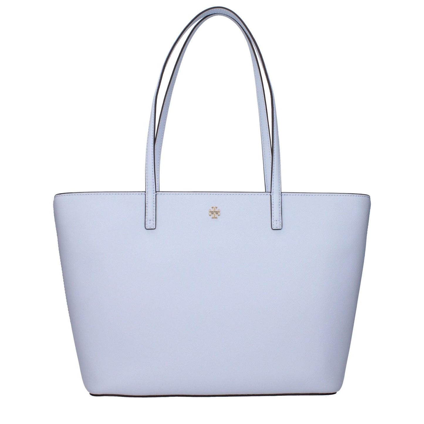 Tory Burch Light Blue Leather Shoulder Bag with front logo and adjustable, removable strap shown