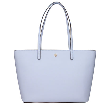 Tory Burch Light Blue Leather Shoulder Bag with front logo and adjustable, removable strap shown