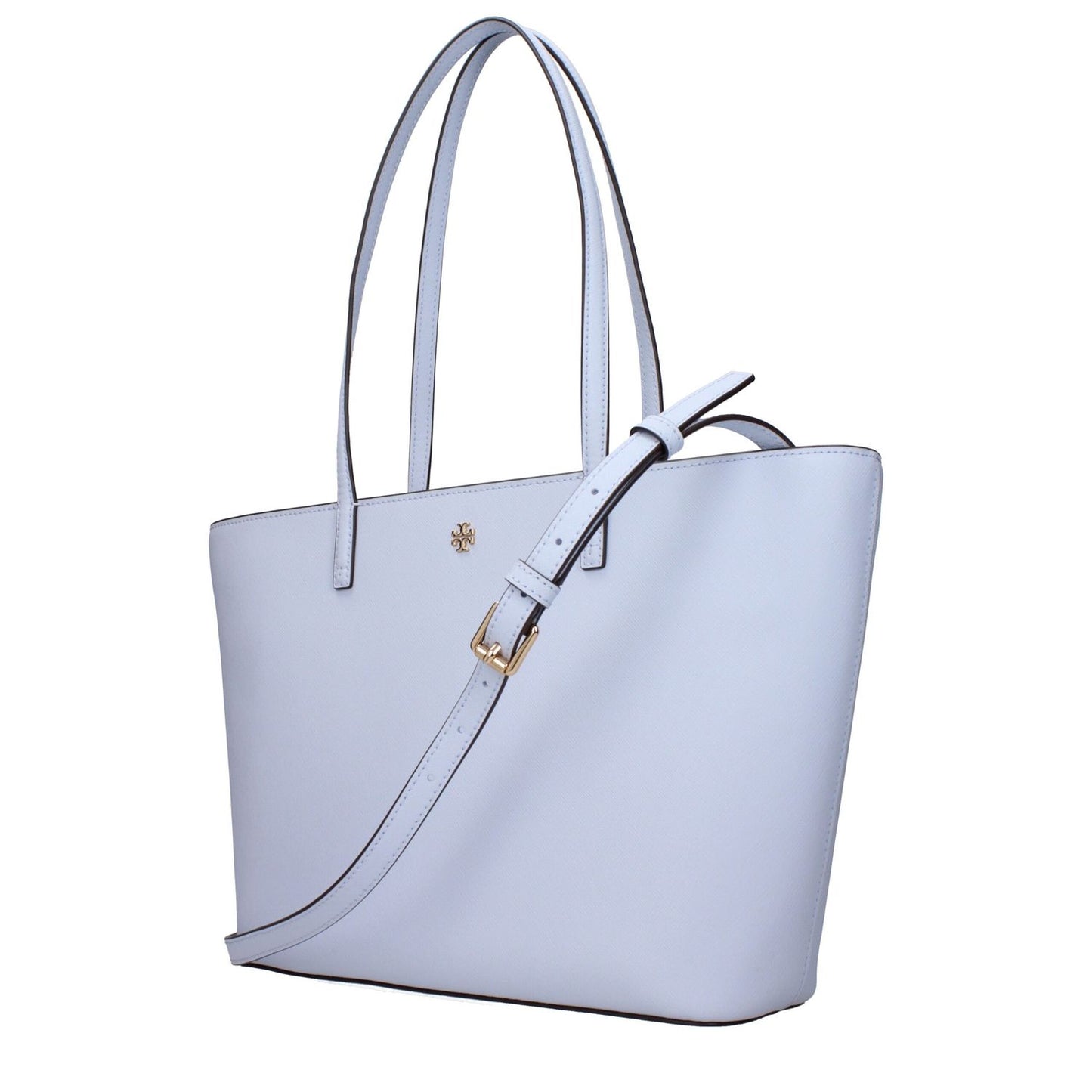 Tory Burch Light Blue Leather Shoulder Bag with front logo, adjustable and removable strap for versatile wear.