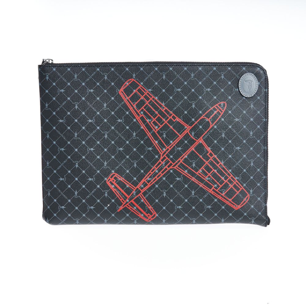 Black pouch with red airplane design and zip closure on white background