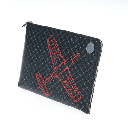 Trussardi Black Leather Men Clutch with red airplane design and zip closure