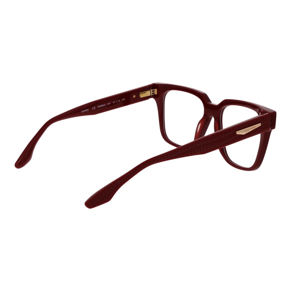 Trussardi Red Acetate Glasses (Frames) for women, full-rim square style with red acetate frame, demo lenses, spring hinge, 140mm width.